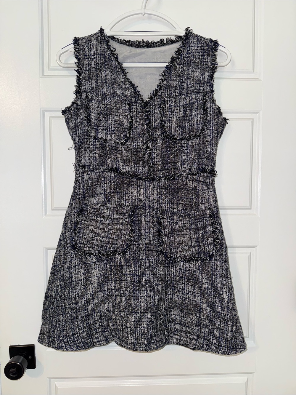 SHEIN Black & White Tweed Fringe Pocket Dress